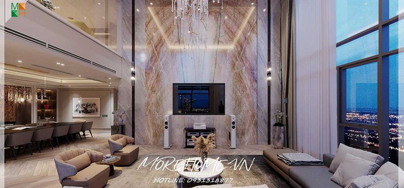Đá ốp vách tivi đối vân tô điểm trang trí thẩm mỹ ấn tượng, sang trọng, đẳng cấp nâng tầm giá trị cho không gian