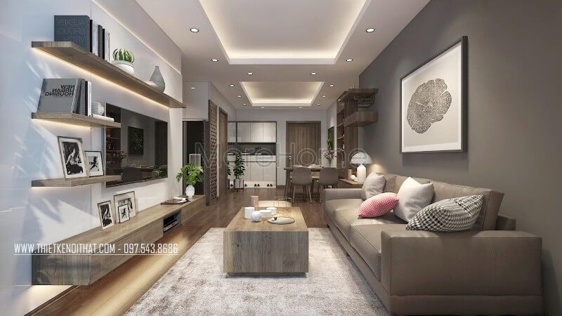 Gỗ công nghiệp được sử dụng để tạo ra một hệ thống kệ tivi có thiết kế đơn giản và kết hợp với hệ kệ trang trí 3 ấn tượng.