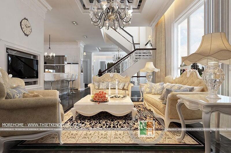 .
Sofa phòng khách màu vàng với họa tiết tân cổ điển và đường cong tinh tế ở thân ghế là nét đẹp đặc trưng của không gian phòng khách.