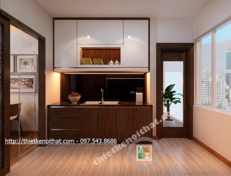 Thiết kế phòng bếp của căn hộ chung cư đơn giản nhưng vẫn đảm bảo đủ tính tiện nghi của nội thất.
